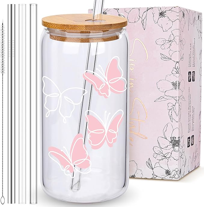 BIPEDS Butterfly Gifts for Women, Pink Cute Glass Cups with Lids and Straws, Aesthetic Iced Coffee Cup, Girly Preppy Design Tumbler Mug, Birthday Valentines Christmas, Teen Girl Gifts Trendy Stuff