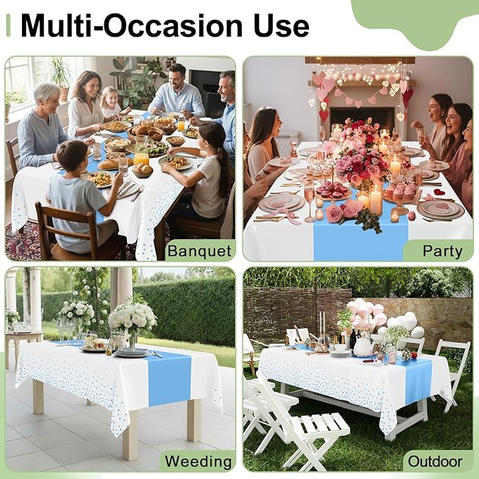 Smiry Plastic Table Cloth Disposable 5 Pack, 54 x 108 Inch Rectangle Waterproof Tablecloth, Printed Gold Table Runner Style for Birthday Weeding, Party, Leakproof & Sturdy, White and Baby Blue