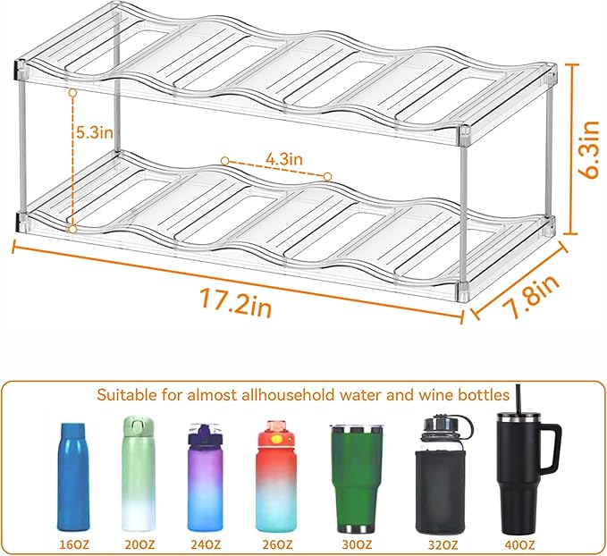 Yieach 2 Tier Waterbottle Organizer for Cabinet - Large Compartment Stackable Water Bottle Holder and Wine Bottle Rack,Acrylic Water Bottle Organizer Rack for 40 oz Stanley Cup,Yeti and Tumbler Shelf
