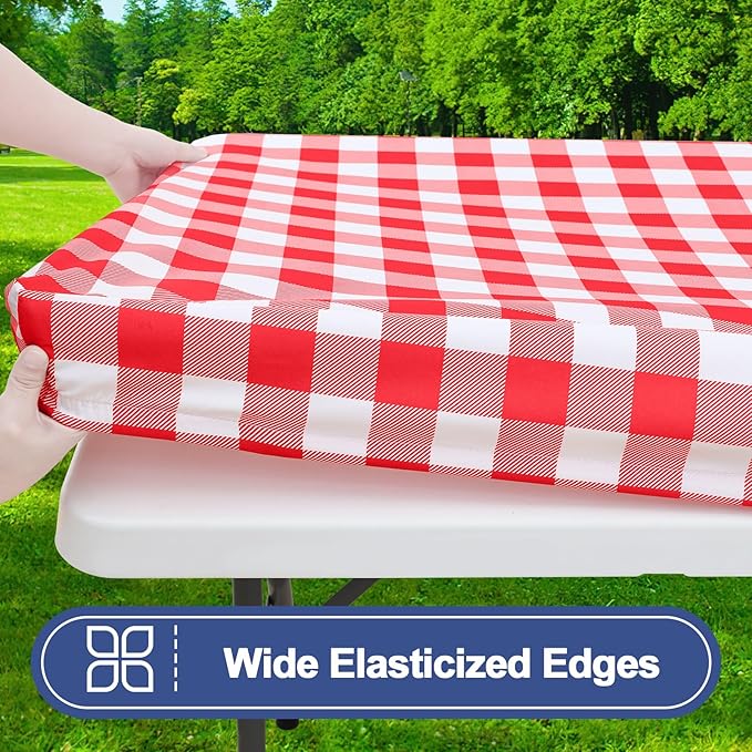 Smiry Picnic Table Cloth 2 Pack, Waterproof Elastic Fitted Tablecloths for 6FT Rectangle Tables, Washable Polyester Buffalo Plaid Tablecloth for Camping, Dining & Christmas (Red & White, 30" x 72")
