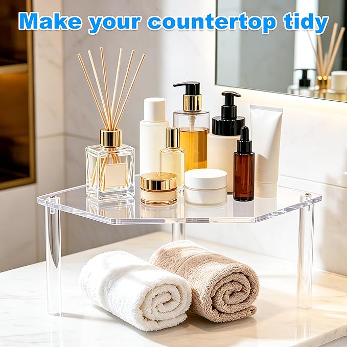 AKAZA 2Pcs 2-Tier Corner Stackable Organizer Shelf for Kitchen - Cabinet Storage Shelf Rack, Shelves，Kitchen Counter and Cabinet Shelf, Storage Rack Organizer (Clear)