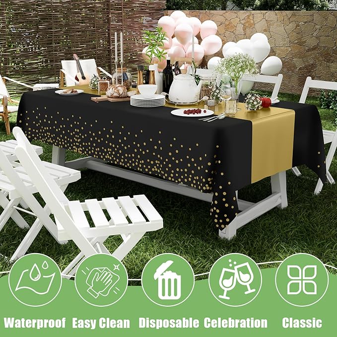 Smiry Plastic Table Cloth Disposable 5 Pack, 54 x 108 Inch Rectangle Waterproof Tablecloth, Printed Gold Table Runner Style for Birthday Weeding, Party Decorations, Leakproof & Sturdy, Black and Gold