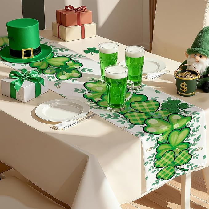 OHOME St Patricks Day Decorations - Shamrock Table Runner | St Patricks Day Party Favors Supplies Decor Indoor Outdoor - Spring Holiday Banner Backdrop Decorations for Table Home Kitchen