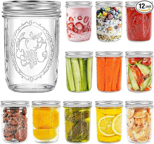 Miuyhji Mason Jars 16 oz with Lids, 12Pcs Wide Mouth Glass Canning Jars with Airtight Lids and Bands, Overnight Oats Containers for Pickling, Freezing, Preserving, Meal Prep, Jar Décor