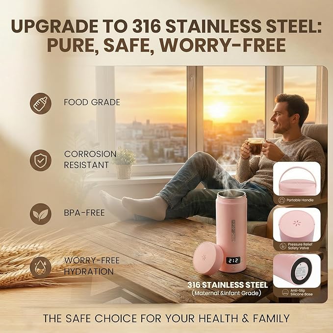 Pink Portable Electric Kettle forTravel, Small Hot Water Kettle with NTC Temperature Control and Auto Shut-Off, 316 Stainless Steel, Green 120V & 15oz