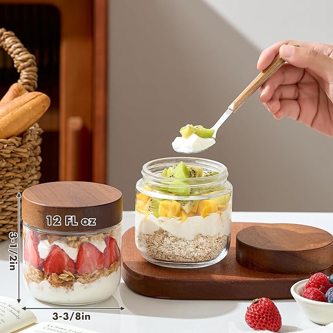 Danmu 12 oz Overnight Oats Containers with Lids,Salad Jar,Glass Jar with Wooden Lid 4 Pack,Mason Jars 12 oz with Lids for Snack,Overnight Oats,Meal Prep,Yogurt,Parfait,Soup,Salad 100% Leak-proof