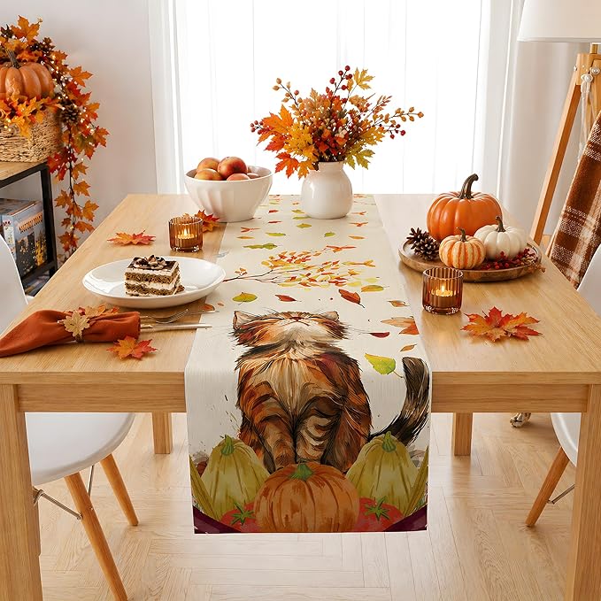 Fall Decorations for Home - Cute Autumn Cat Pumpkin Table Runner | Thanksgiving Friendsgiving Decorations for Home Indoor Outdoor - Fall Table Centerpieces Backdrop for Kitchen Dining Room Office