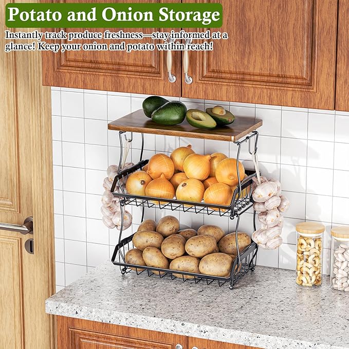 OKZEST 3-Tier Fruit Basket for Kitchen Counter with Banana Hangers, Countertop Organizer Fruit Bowls with Wood Top, Fruit Storage Basket Stand for Storage Potato Onion Bread Snack Fruit Veggie