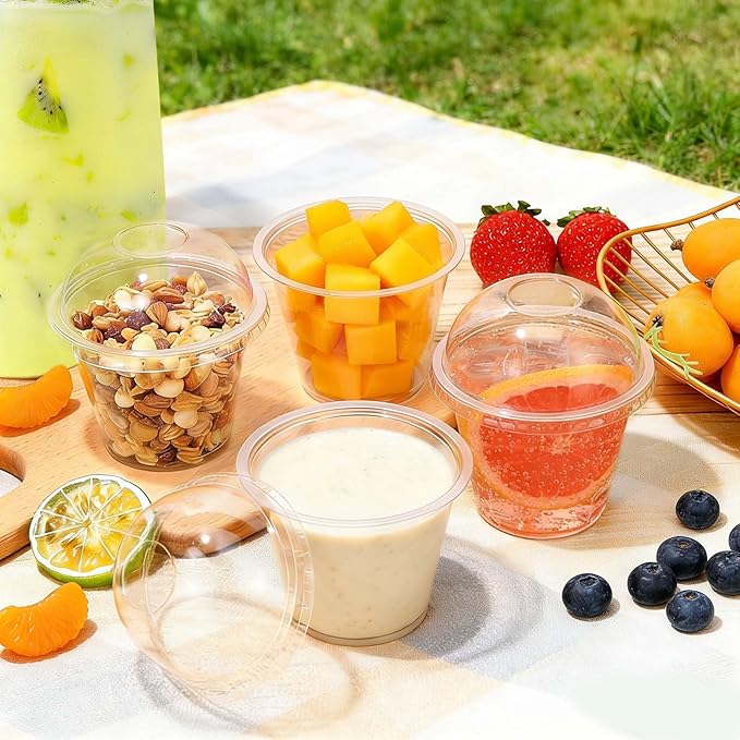 Clawsoff 50 Pack 9 oz Plastic Cups with Dome Lids, Disposable Dessert Cup No Hole, Fruit Cup, Clear Parfait Cups for Cake, Cold Drink, Ice Cream, Salad