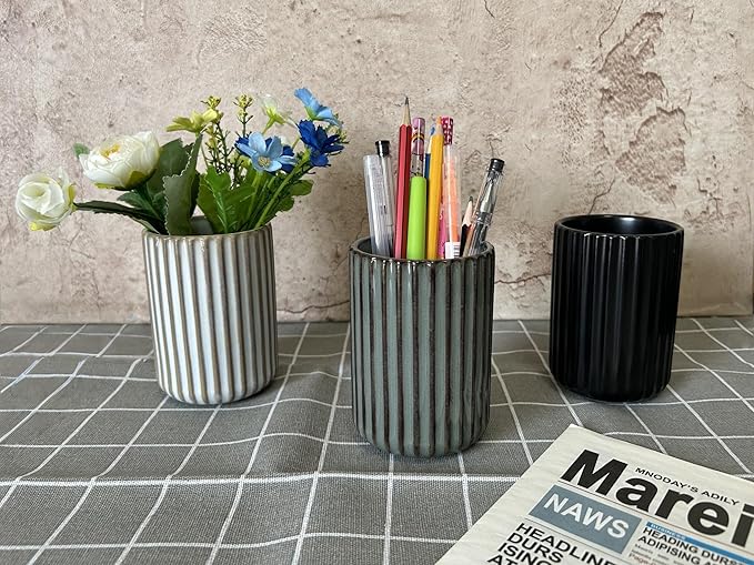TOPYOKK Stoneware Coffee Bar Utensil Holder Tea & Coffee Spoon & Stirrer Holder for Stir Stick Straw Teaspoon Holder Spoon Cup Small Utensil Jar Fluted Vertical Stripe (Concrete Grey)