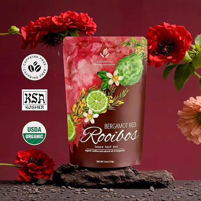 Gardenika Organic Earl Grey Rooibos Red Loose Leaf Tea with Bergamot Oil - 4 oz | Caffeine-Free Herbal Tea | Antioxidant Rich & Kosher Certified
