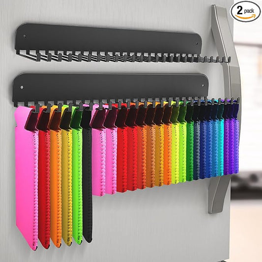 2 Pack Can Cooler Sleeves Holder Magnetic for Fridge, Beer Sleeves Dispenser Organizer for Storage w/ 25 Hooks, with Screws for Wall Mounted, for Holidays Wedding Party