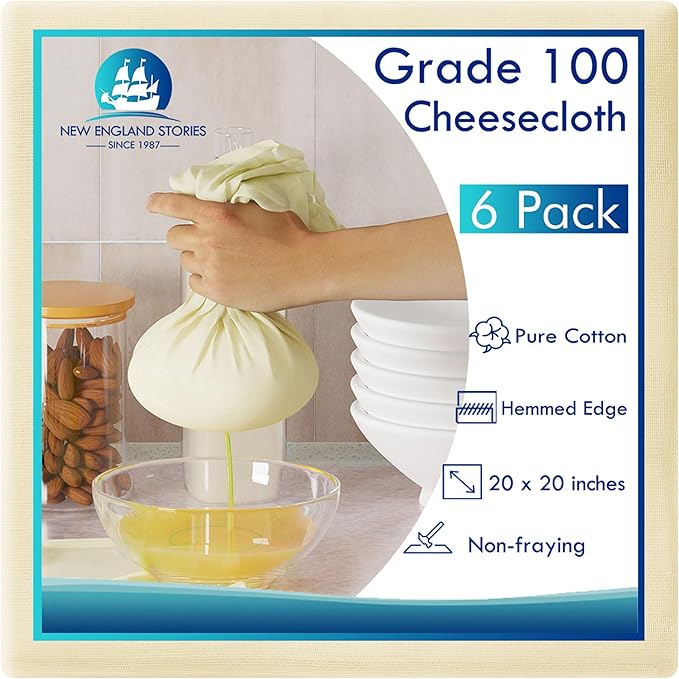 6 PCS Reusable Cheesecloth, Grade 100, 20x20 Inch Hemmed Cheese Cloth for Straining Craft, 100% Cotton Unbleached Cloth Strainer for Cooking, Baking, Juicing, Cheese Making (40×50 Threads)