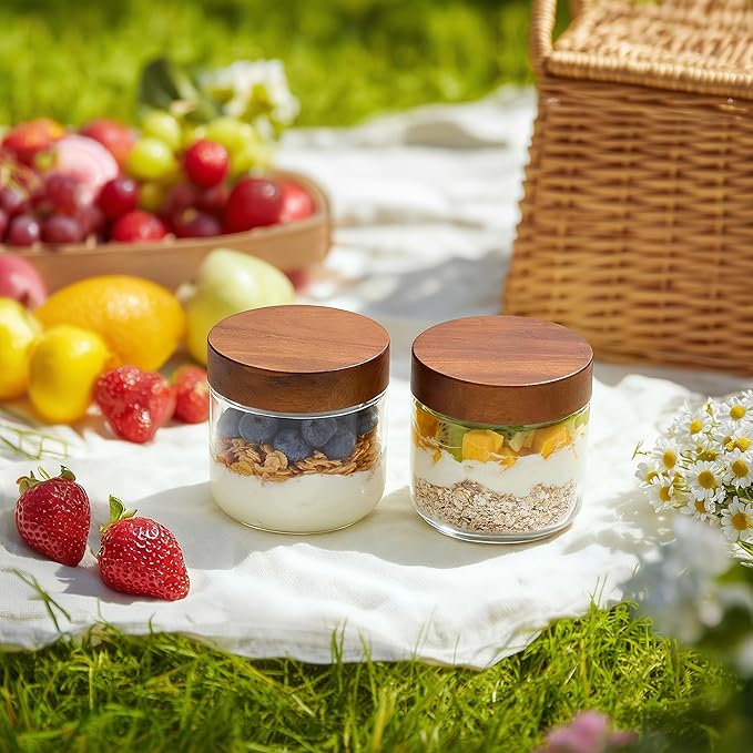 Danmu 12 oz Overnight Oats Containers with Lids,Salad Jar,Glass Jar with Wooden Lid 6 Pack,Mason Jars 12 oz with Lids for Snack,Overnight Oats,Meal Prep,Yogurt,Parfait,Soup,Salad 100% Leak-proof