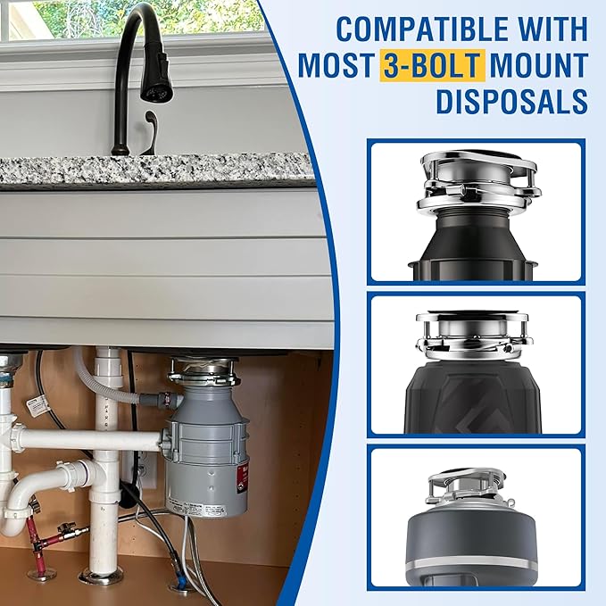 Saillong Garbage Disposal Flange, 3 Bolt Mount Stainless Steel Kitchen Sink Flange Kit with Stopper for 3 1/2 Inch Standard Sink Drain Hole, Compatible with InSinkErator Models Garbage Disposal