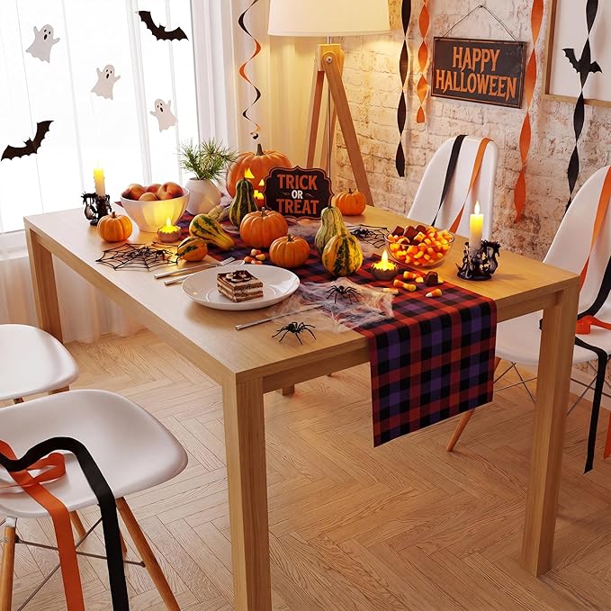 Halloween Decorations - Halloween Checkered Table Runner | Halloween Party Favors Home Decor - Halloween Tablecloth Backdrop for Fall Kitchen Dining Indoor Outdoor Decorations