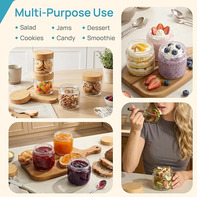 Vtopmart 8 Pack 10oz Glass Overnight Oats Containers with Bamboo Lids, Portable Wide Mouth Glass Jars Leak-proof, Reusable Food Storage Containers for Meal Prep, Jam, Sauce, Salad Dressing, and Snacks