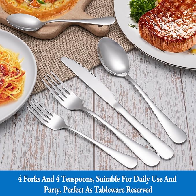 8 Pcs Forks and Spoons Silverware Set,Food Grade Stainless Steel Flatware Cutlery Set for Home,Kitchen and Restaurant,Mirror Polished,Dishwasher Safe - 4 Dinner Fork(8 inch) and 4 Teaspoon(6.5 inch)