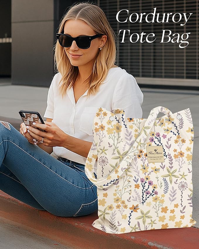 Miss Adola Corduroy Tote Bag for Women - Reusable Totes with Magnetic Buckle & Pocket Aesthetic Design Work Grocery Bags
