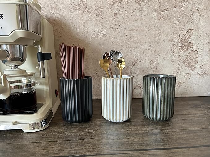 TOPYOKK Stoneware Coffee Bar Utensil Holder Tea & Coffee Spoon & Stirrer Holder for Stir Stick Straw Teaspoon Holder Spoon Cup Small Utensil Jar Fluted Vertical Stripe (Retro White)