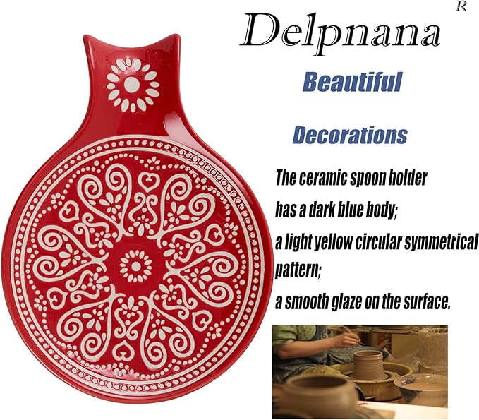 Ceramic Spoon Rest, Cooking Spoon Holder for Kitchen Counter/Stove Top/Dining Table Modern Farmhouse Decorative, Large (Red)