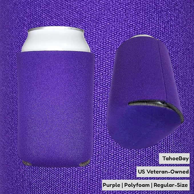 TahoeBay Bulk Blank Beer Can Cooler Sleeves (50-Pack) Sublimation Blanks for Vinyl Plain Soft Foam Can Sleeves Coolers for Soda Cans & Bottles Black, White, Assorted Solid Color (Purple)