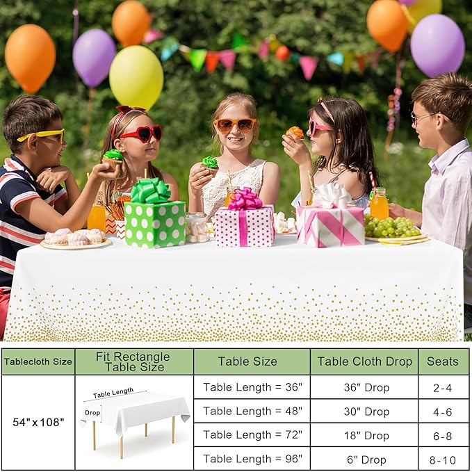 misaya 4 Packs Dot Disposable Table Cloth, 54 x 108 Inch Waterproof Plastic Tablecloth, Rectangle Gold Dots in White Table Covers for Picnic, Birthday, Party