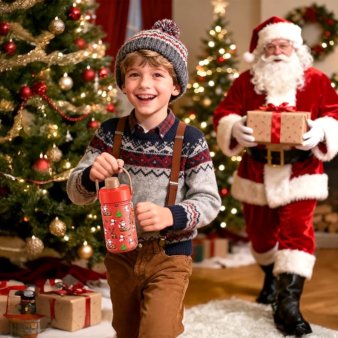 12 oz Christmas Kids Insulated Water Bottle: 2-in-1 Straw Spout Lid, Leakproof, BPA-Free, Stainless Steel Cup with Carrier Bag for School, Trip, Holiday Gift for Girls Daughters (Santa's Sweet Squad)