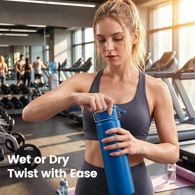 Fijinhom 24 oz Insulated Water Bottle, 2-in-1 Straw and Spout Lid Stainless Steel Thermos, Leak-Proof, Double Wall Vacuum Flask, Keep Cold 24H for Outdoor, Sports, Travel, School (Blue)