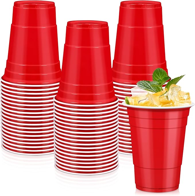 LANLISA 50 Red Plastic Cups, 16 oz Disposable Cups, Drinking Cups For Birthday Party Supplies, Valentines, Mothers Day, 4th of July Patriotic, Christmas