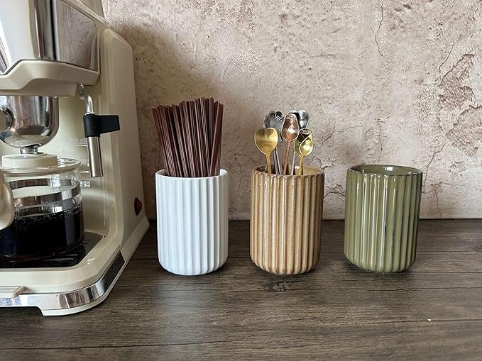 TOPYOKK Stoneware Coffee Bar Utensil Holder Tea & Coffee Spoon & Stirrer Holder for Stir Stick Straw Teaspoon Holder Spoon Cup Small Utensil Jar Fluted Vertical Stripe (Rustic Brown)