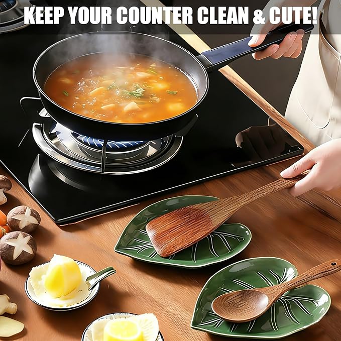 Cute Leaf Ceramic Spoon Rest, Keeps Counters Clean, for Stove Top and Kitchen Counter, Decorative Green Spoon Holder, Kitchen Decor Gift