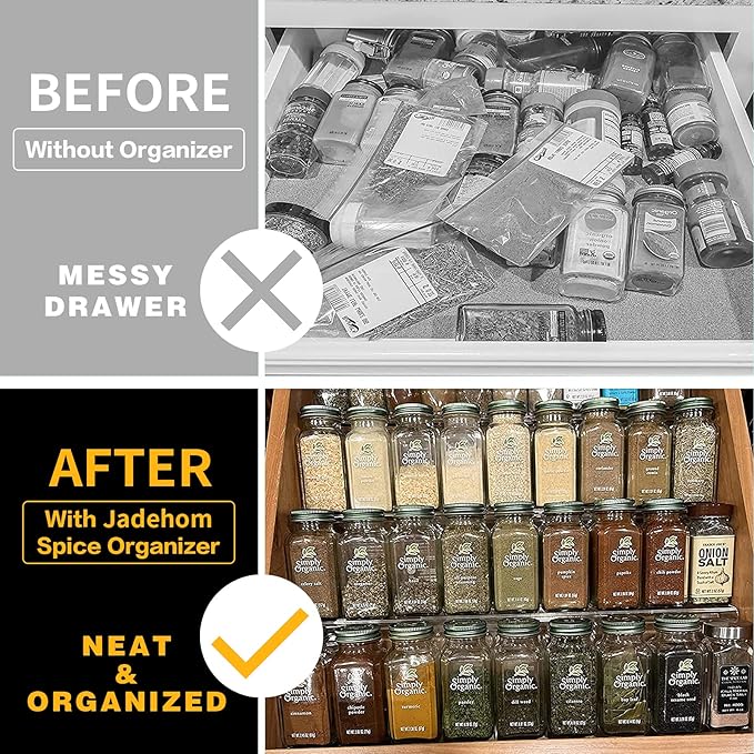 19 x 13 Inches Spice Drawer Organizer, 4 Tier Clear Acrylic Expandable In-Drawer Seasoning Jars Rack, Kitchen Drawer Spice Insert Tray for Cabinet/Countertop