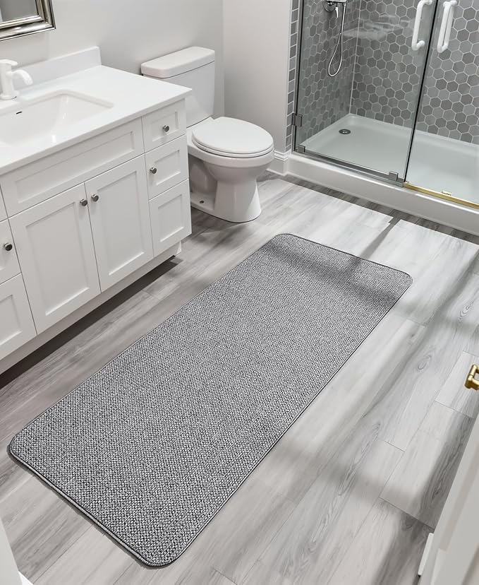 Bath Mat,Ultra Thin Bathroom Runner Rugs,Large Bath Mats for Bathroom,Quick Dry,Non-Slip,Machine Washable,Low Pile,Bath Rug,Shower Outside,Sink,Home Decor Accessories.Grey,1'5"x4'11"（17x59inch）