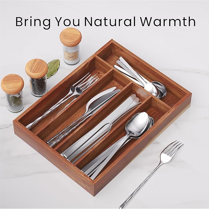 Silverware Organizer Acacia Wood Kitchen Drawer Organizer with 5 Slots Flatware Organizer Tray for Kitchen, Flatware, Utensils
