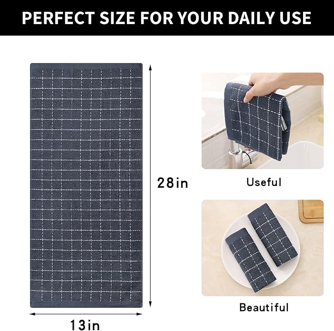 Homaxy 100% Cotton Terry Kitchen Towels(Dark Grey, 20 x 28 inches), Checkered Designed, Soft and Super Absorbent Dish Towels, Large 6 Pack