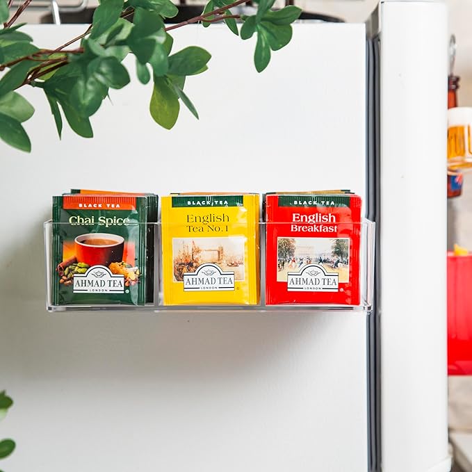 Magnetic Tea Bag Organizer Holds up to 60 Tea Bags, Tea Organizer with 3 Compartments, Extra Strong Magnetic Fridge Tea Box Strong Tea bag Holder for Refrigerator (Acrylic, Magnet)