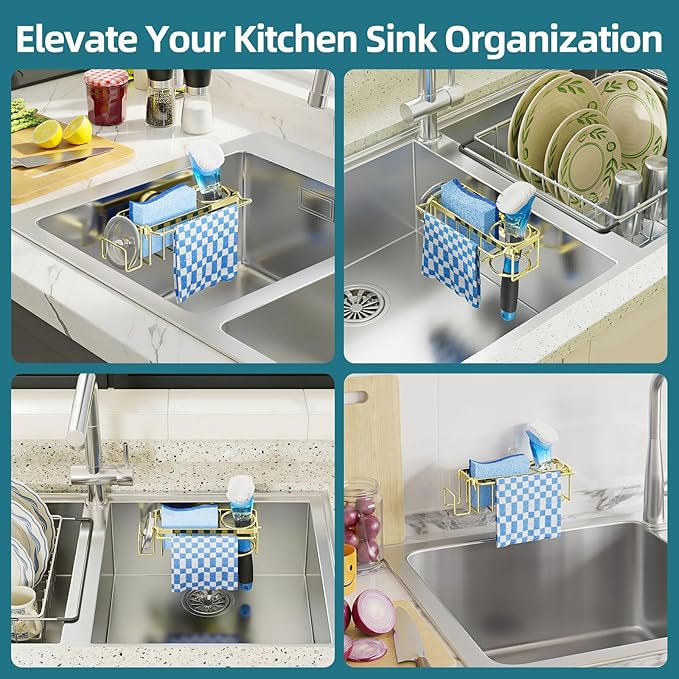 TAILI 4-in-1 Sink Caddy with Strong Suction Cup, Sponge Holder for Kitchen Sink Organizer, Removable, Rustproof, Stainless Steel Holder for Sponge, Brush, Scrubber, Scraper - Gold