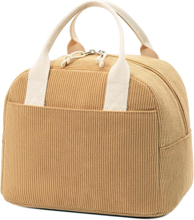 LOVELYWIND Insulated Lunch Bag for Women Men, Stylish Corduroy Tote Bag with Aluminum Lining, Large Capacity Reusable Cooler for Work, Travel, or Beach, Camel Brown Lunch Box
