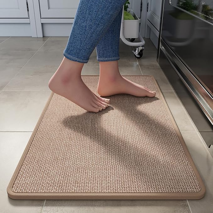 Kitchen Rugs Mat Non Slip Washable, Linen-Look 0.3" Thick Soft Cushioned Absorbent Kitchen Mats for Floor, Mild Anti-Fatigue Runner Rug Sink Mat Laundry Standing Mats, Easy Clean, Brown 17"x30"