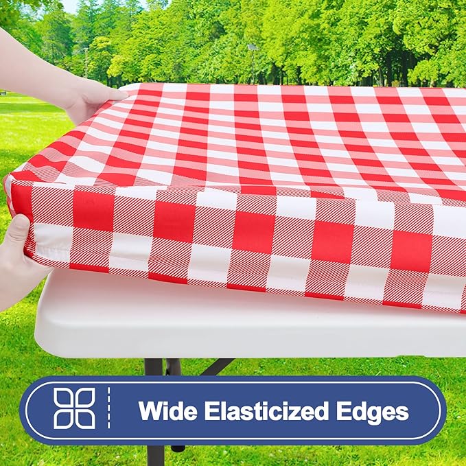 Smiry Picnic Table Cloth 2 Pack, Waterproof Elastic Fitted Tablecloths for 4FT Rectangle Tables, Washable Polyester Buffalo Plaid Tablecloth for Camping, Dining & Christmas(Red & White, 30" x 48")