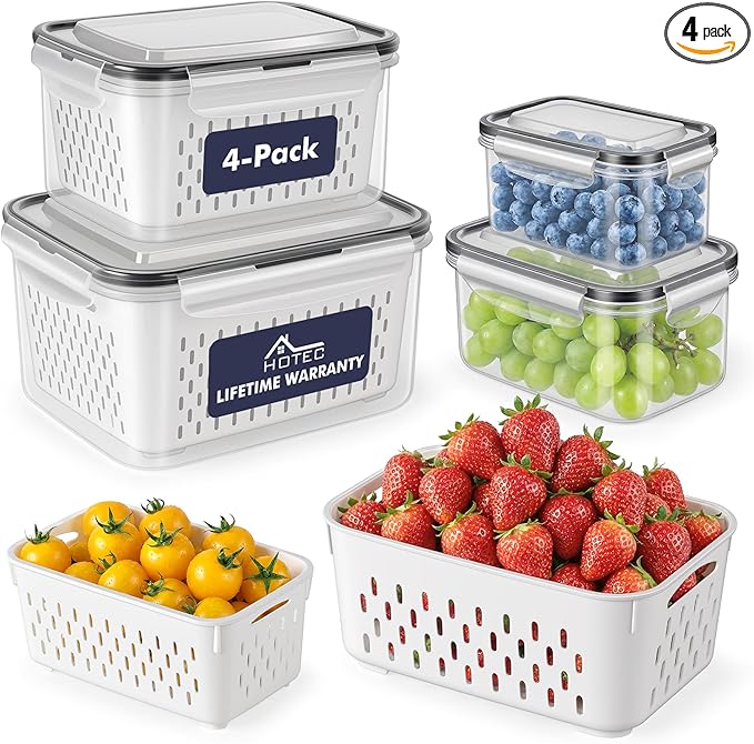 HOTEC 4-Pack Large Fruit Storage Container for Fridge Leak proof with Removable Colander, BPA Free Dishwasher & microwave safe Largest 3.15L