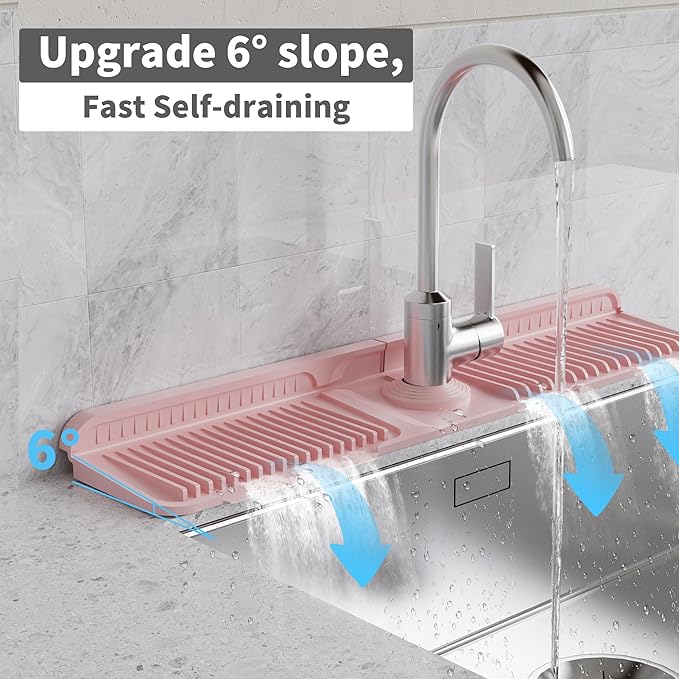 WAFT YEARN 24X5 Inch Silicone Durable Faucet Mat Kitchen Sink Splash Guard Draining Protector Tray Liner Absorbent Protective Counter Accessories For Sink Kitchen Bathroom Laundry Room Bar & RV Pink