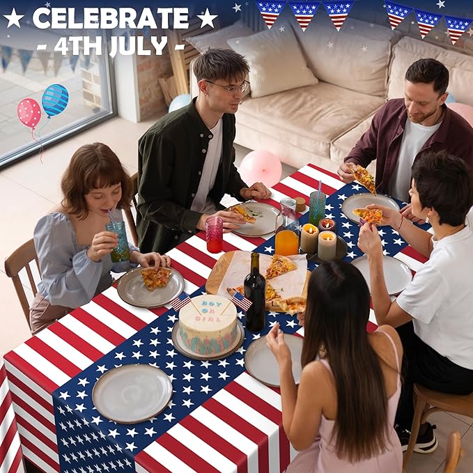 OHOME 4th of July Decorations - Patriotic American Flag Plastic Tablecloth for 250th Anniversary | Fourth of July Accessories Memorial Day Decor for Home Outdoor Outside Party Favors,54"x108",2 Pack
