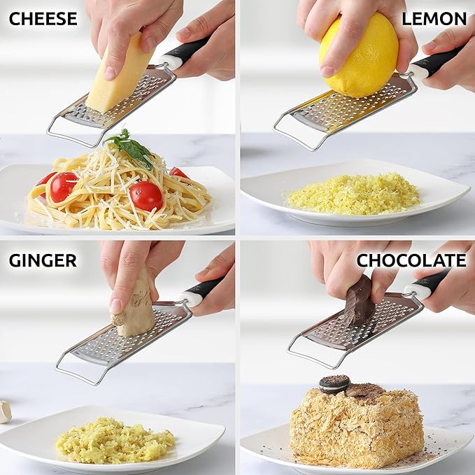 Zulay Kitchen Professional Cheese Grater Stainless Steel - Durable Rust-Proof Metal Lemon Zester Grater With Handle - Flat Handheld Shredder for Parmesan, Chocolate, Spices, And More - 2 Pack - Black
