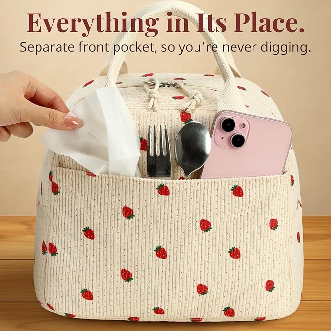 LOVELYWIND Insulated Strawberry Lunch Bag for Women, Stylish Corduroy Tote with Aluminum Lining, Large Capacity Reusable Cooler for Work, Travel, Beach or Picnic, Beige Cream Water-Resistant Lunch Box