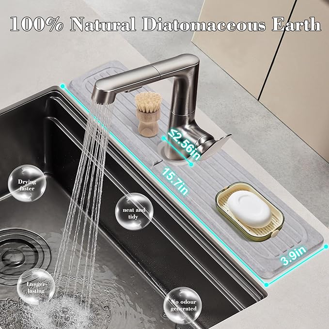 Stone Faucet Mat for Kitchen Sink, 15.7" Diatomite Drying Stone Kitchen Sink Mat Super Absorbent, Stone Kitchen Sink Splash Guard, Sink Stone Quick Dry Around Faucet for Kitchen Bathroom Counter