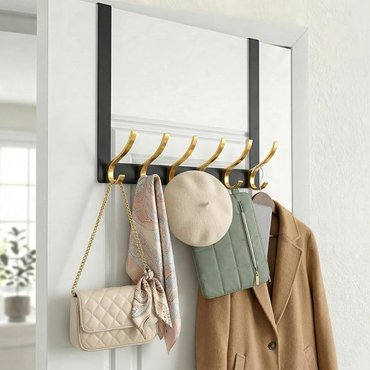 11" Over The Door Hooks for Hanging, Heavy Duty Door Towel Rack with Custom Gold Hooks, Anti-Scratch 4 Pads, 12 Dual-Layer Hooks for Bathroom Bedroom Kitchen (Black Gold)