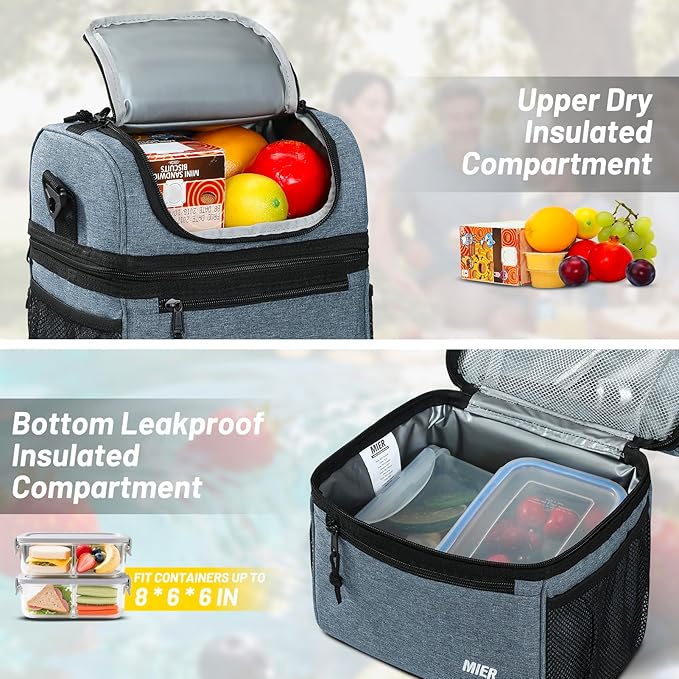 MIER Insulated Lunch Box Dual Compartment Lunch Bag Leakproof Cooler for Men Women Adult Work, Bluesteel, Medium (Upgraded Extra-Tall Bottom Layer)
