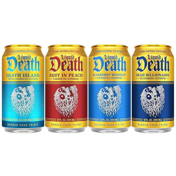 Liquid Death Iced Tea - Modern Variety, Less Sugar*, Boost of Caffeine, B Vitamins, No Artificial Sweeteners, 4 Flavors: Tea/Lemonade, Rest in Peach, Death Island, Blueberry Buzzsaw, 12 Fl Oz (Pack of 12)